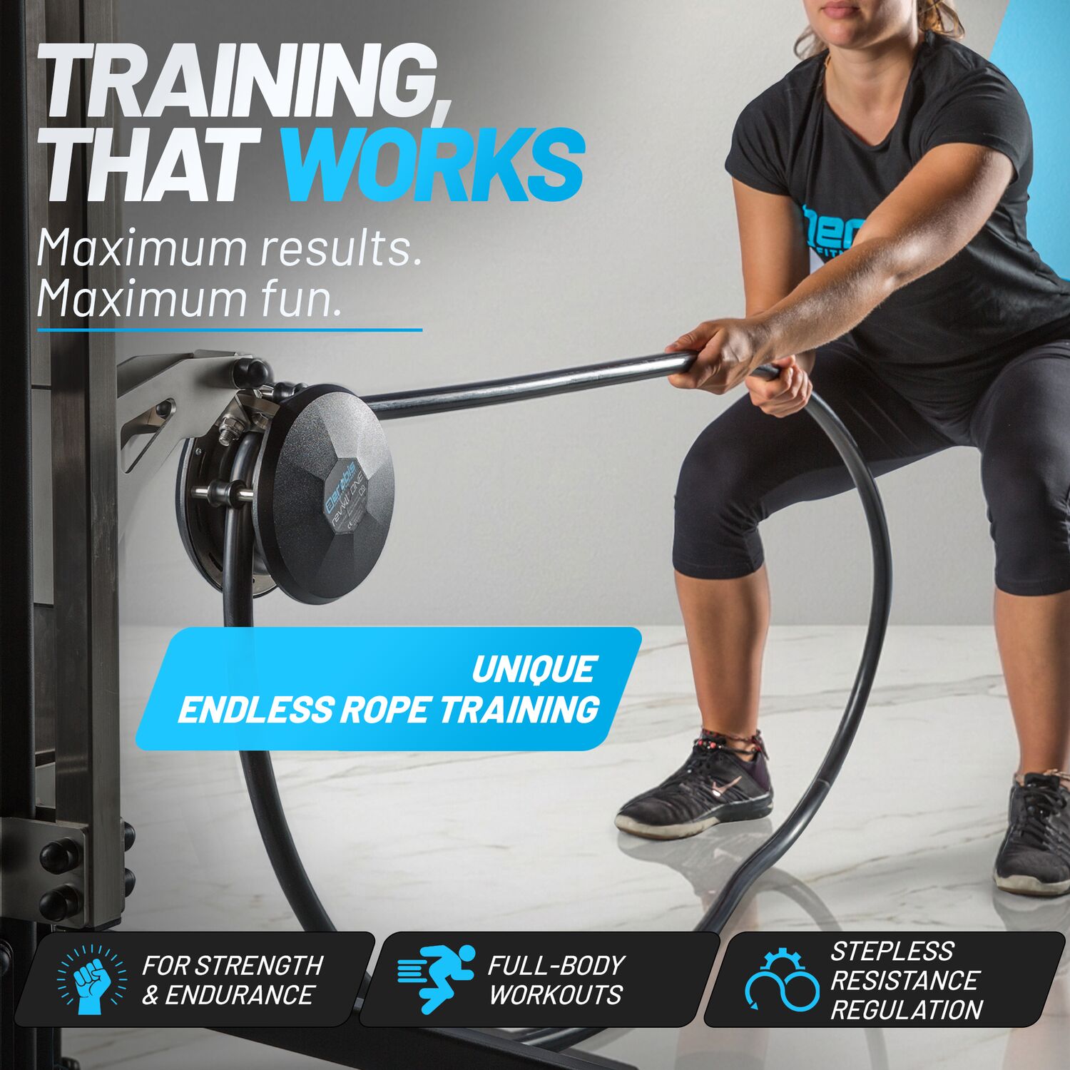 Female athlete training with revvll ONE for full-body strength and endurance workouts with stepless resistance
