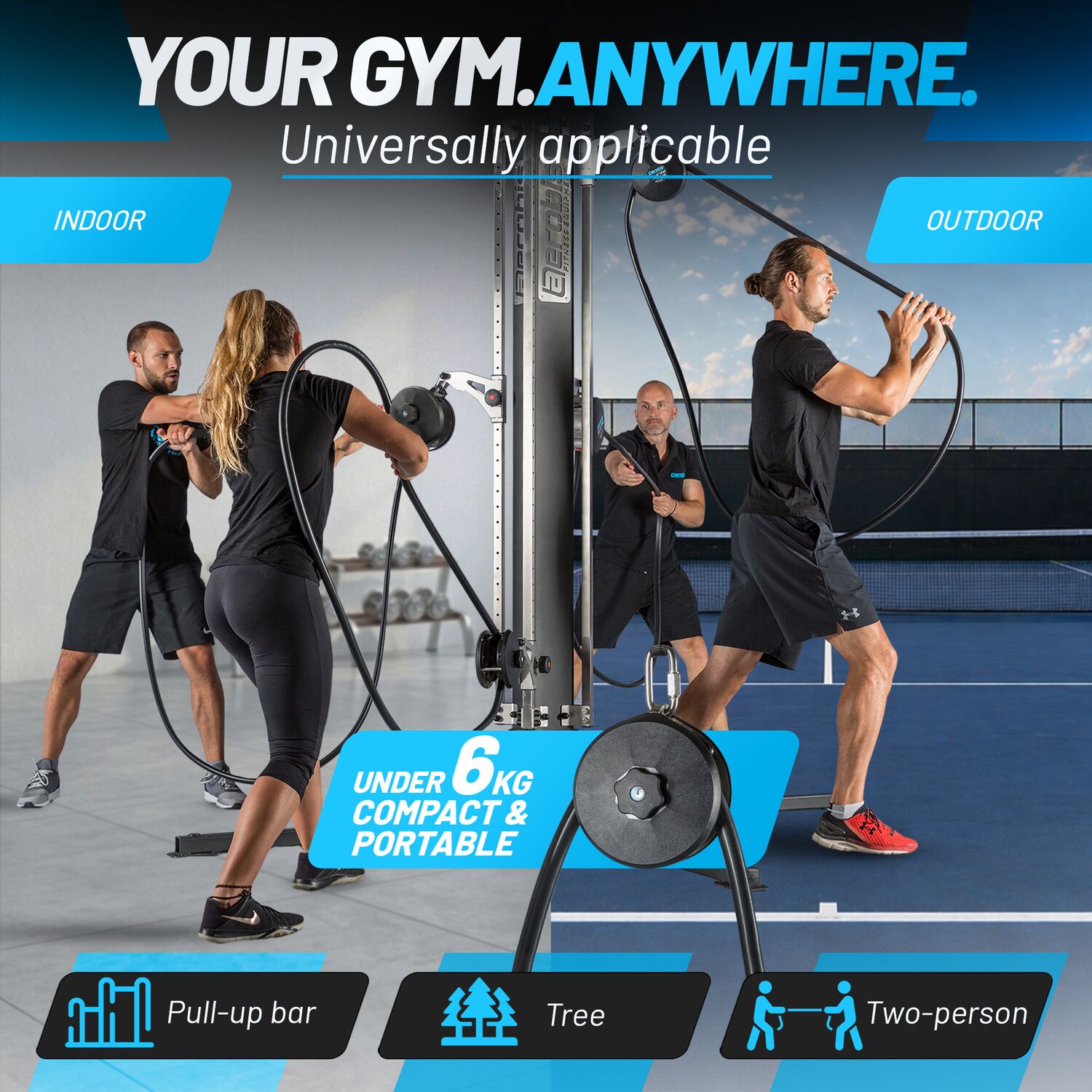 revvll ONE under 6kg compact rope trainer for indoor or outdoor use mounted to pull-up bar, tree or two-person setup