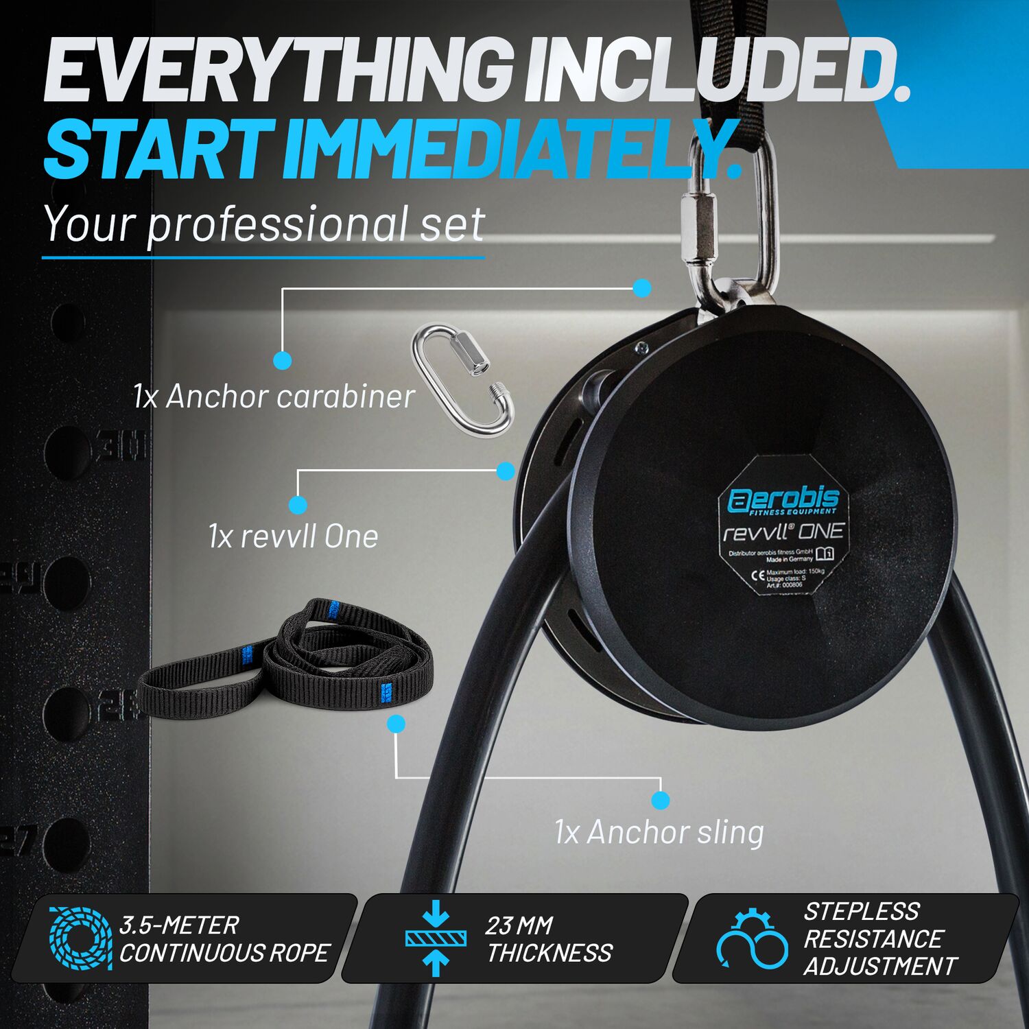 revvll ONE complete set including anchor carabiner, anchor sling, and 3.5m continuous rope with 23mm thickness