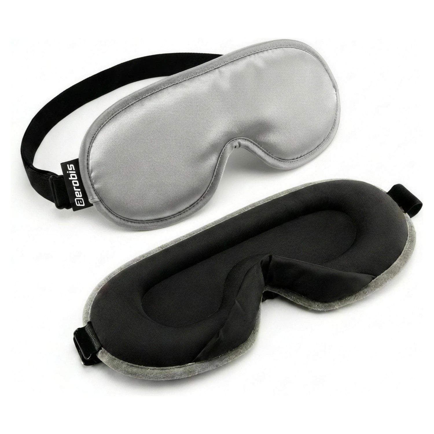 aerobis Sleep Mask front and back view - silver-grey ice-silk outer shell and black 3D contoured inner side with adjustable head strap