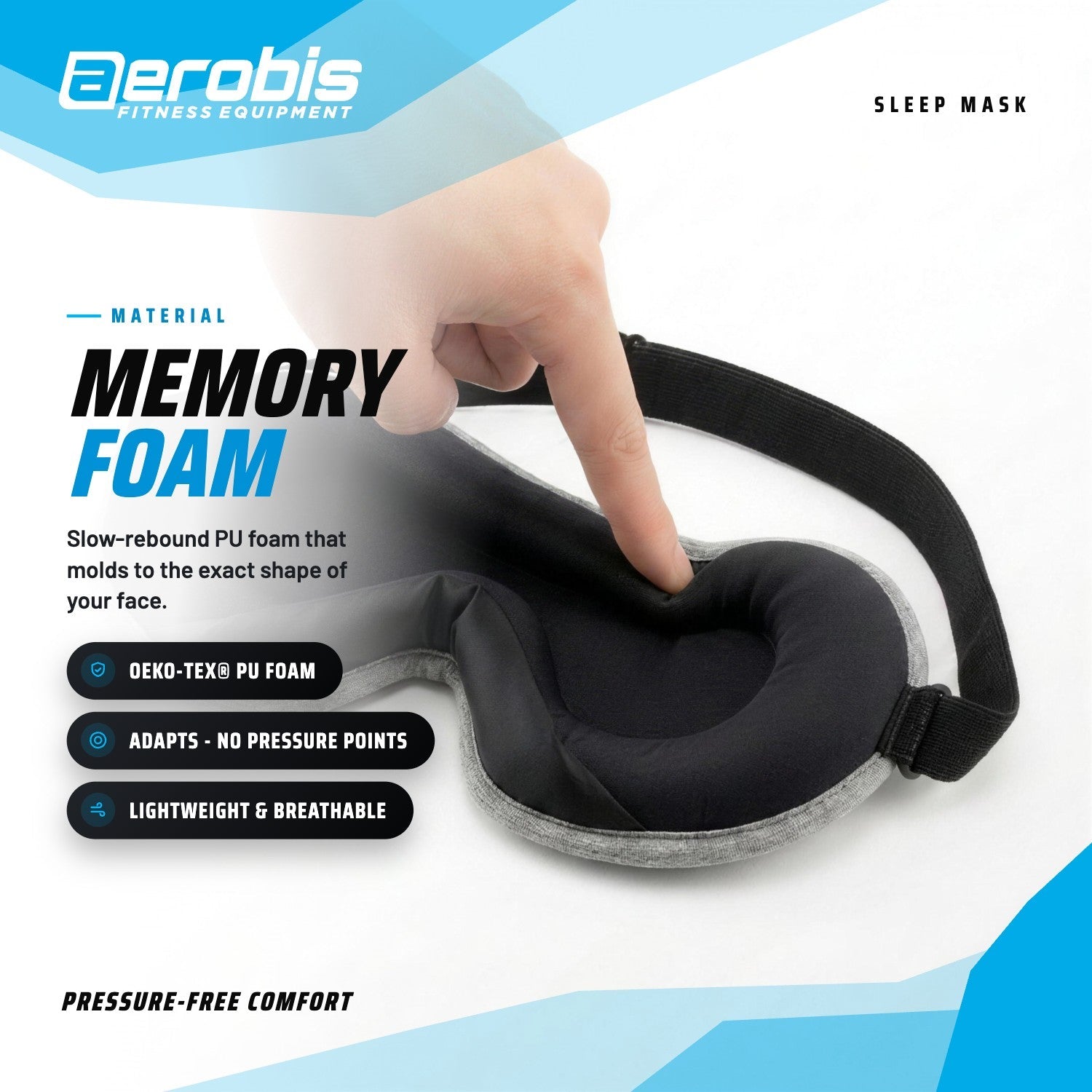 Finger pressing a visible dent into the slow-rebound PU memory foam rim of the aerobis Sleep Mask