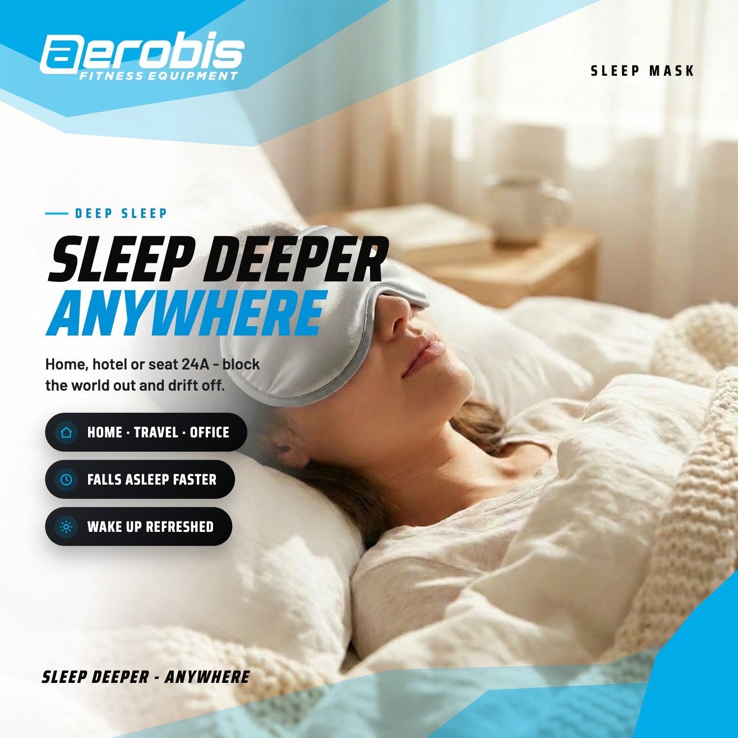 Woman sleeping with the aerobis Sleep Mask in bed - sleep deeper anywhere, at home, in a hotel or on a plane  (AI)