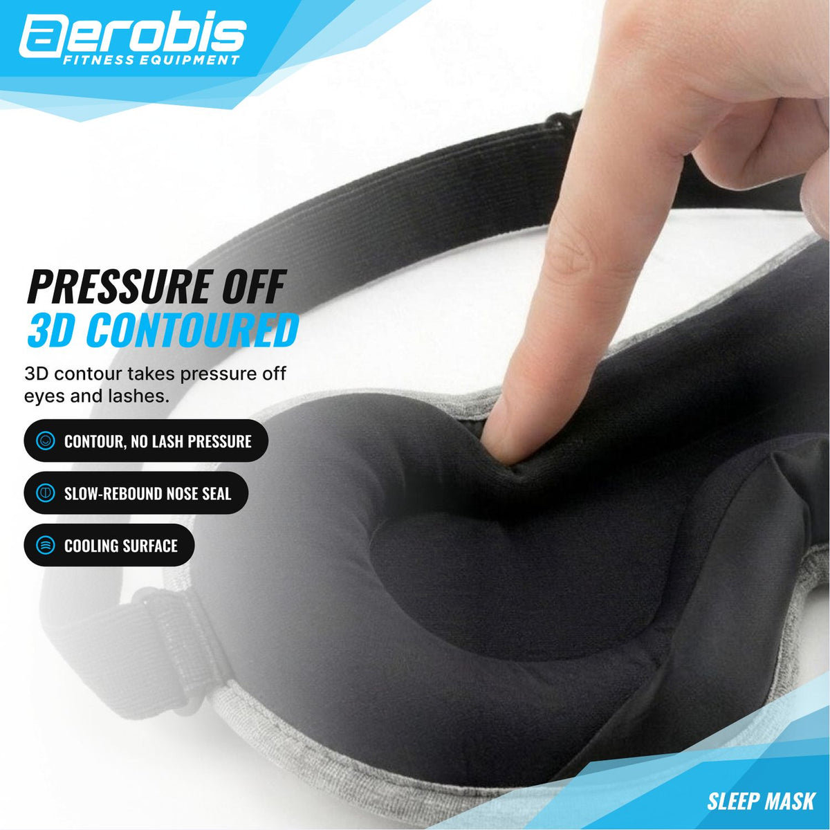 Características clave de la aerobis Sleep Mask - contorno 3D, doble sellado nasal, tejido fresco al tacto