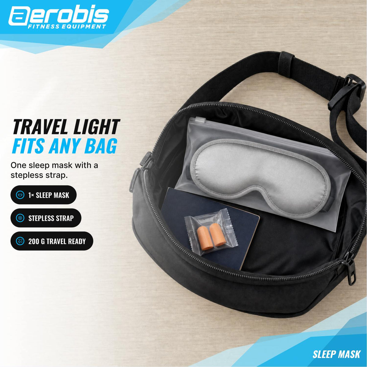 Contenido de la caja de la aerobis Sleep Mask - correa de ajuste continuo, lista para viajar