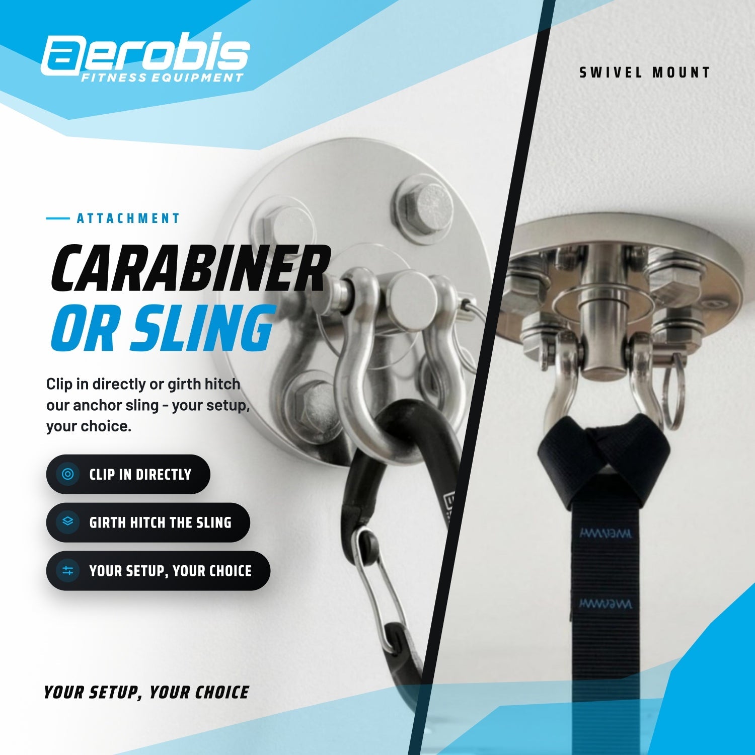 aerobis Swivel Mount used with a carabiner and with an anchor sling (AI)